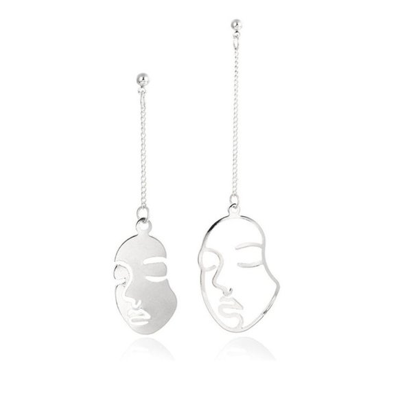 NEW Unique Abstract Hallow Face Asymmetric Stud Chain Drop Dangle Earring SILVER - Picture 3 of 8